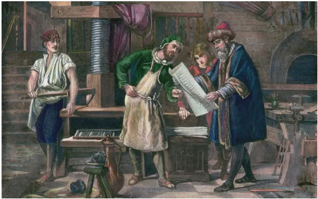 Artist depiction of Johannes Gutenberg in his work shop